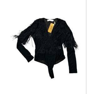 NWT LC SEXY Black Lace Fringe Bodysuit Long Sleeve Sheer Black Long Sleeve M